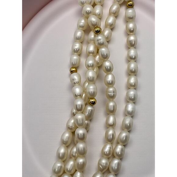 Vintage 5 Strand Faux Pearl Necklace-Rice Beads-Gold Tone Clasp-Multi-Choker-80s - Picture 3 of 7
